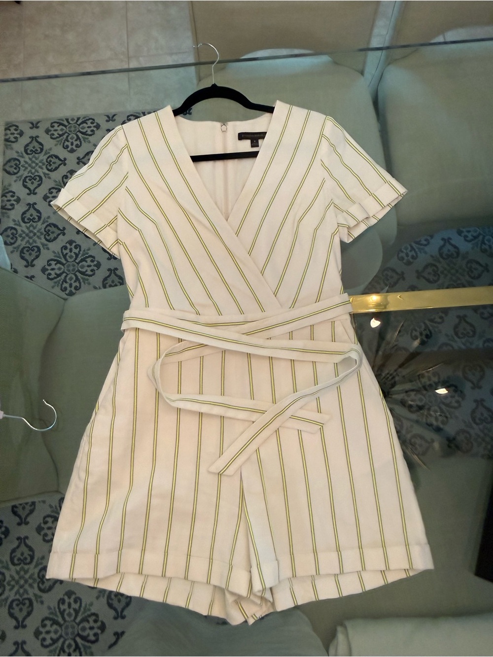 Banana Republic White Romper with Green Pinstripes
